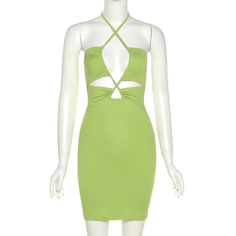 

Women's Halter Bodycon Mini Dress Sleeveless Solid Color Hollow Out Ruched Dress