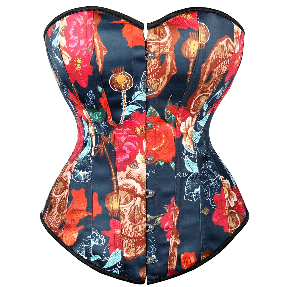 

Womens Steampunk Vintage Floral Pattern Corset Boned Lace up Skull Print Overbust Bustier Gothic Waist Cincher Corselet Lingerie