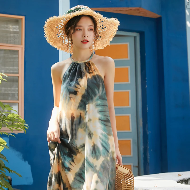 Tie-dye Halter Backless Boho Dress Women Thailand Vacation Beach Sexy Ethnic Style Elegant Satin Long Maxi Vestidos S-L | Женская одежда