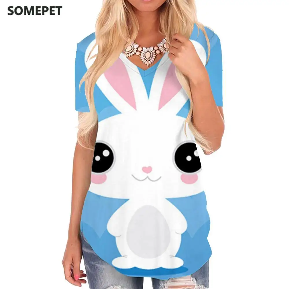 

SOMEPET Rabbit T Shirt Women Animal Shirt Print Love V-neck Tshirt Lovely T-shirts 3d Womens Clothing Hip hop Loose Streetwear