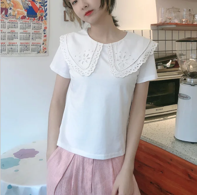 

HFF Spring Summer 2021 French CP White Joker Doll Collar Silk Short Sleeve Bottom Shirt Sweet Girl T shirt Women Top White shirt