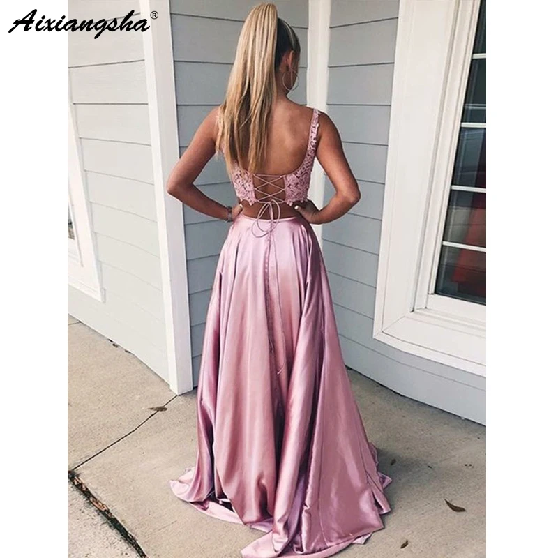 

Pink 2 Pieces Prom Dresses with Pockets Lace Sexy Backless Side Slit Satin Party Dress Maxys Long Prom Gown