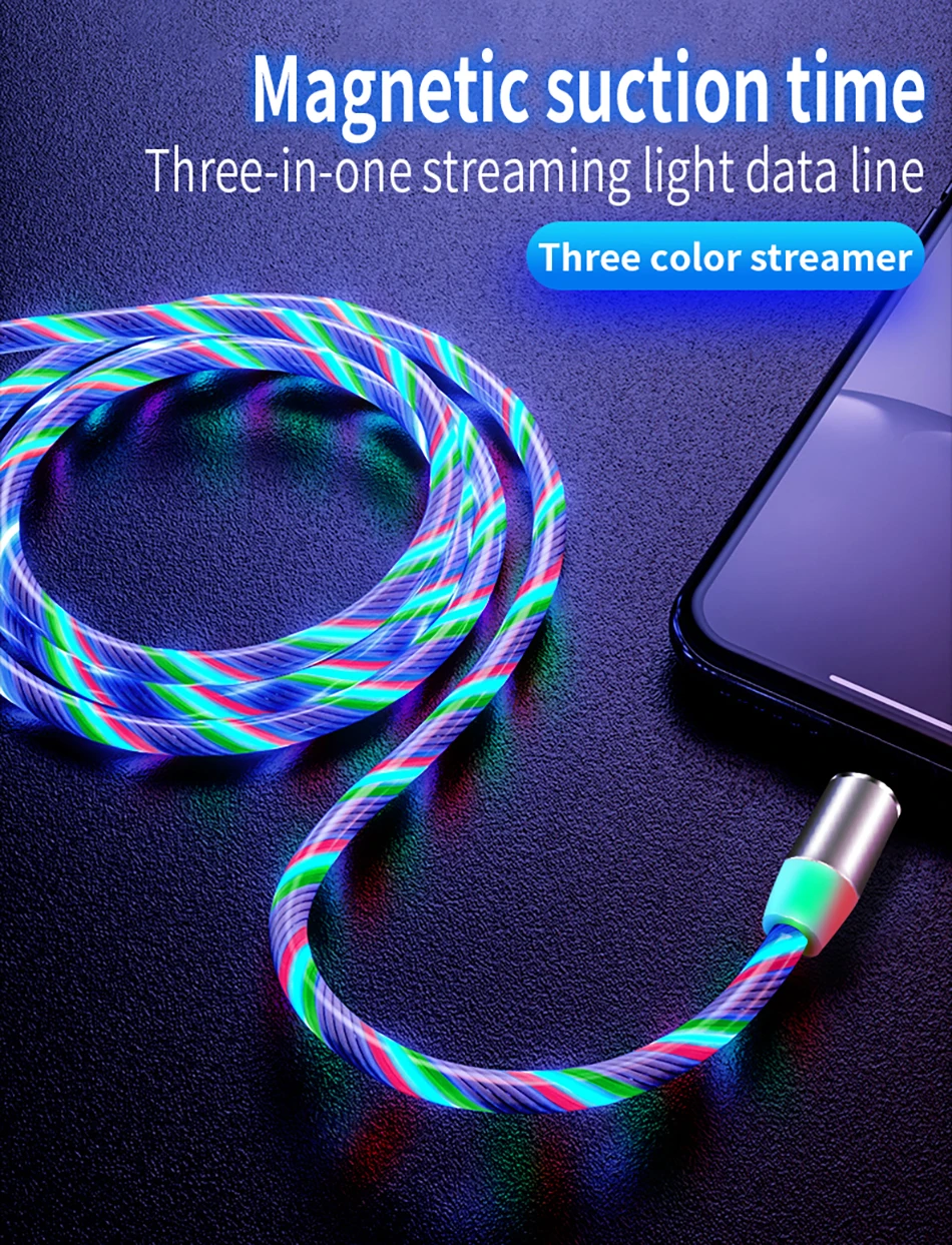 

1m Magnetic Charging Mobile Phone Cable USB Type C Flow Luminous Lighting Data Wire for Samsung Huawei xiaomi LED Micro Kable