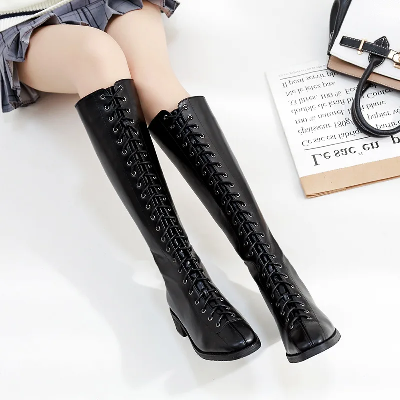Botas Mujer; сапоги до колена с перекрестной шнуровкой; женские рыцарские сапоги martin; botines; обувь в стиле ретро на шнуровке, на массивном каблуке; зимняя кожаная обувь