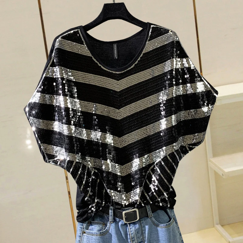 

Fashion Striped Embroidery Sequined Summer T-shirt Women 2021 New Simple Retro Slim Waist Bottomming Shirt Top Plus Size Tshirt