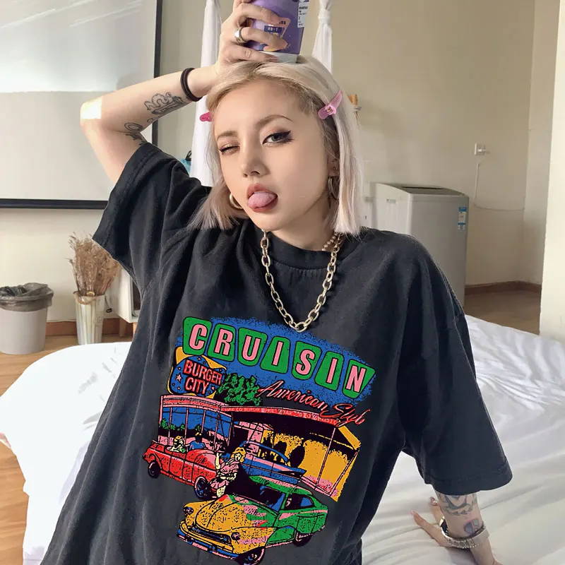 

New Ins Harajuku Plus Size Loose Top Tee Y2k T-shirt Summer Street Retrostyle T-shirt Women Cartoon Letter Print T-shirt 00009