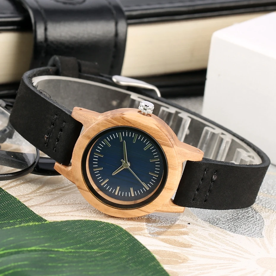 Элегантные женские деревянные часы с синим циферблатом легкие кварцевые тонкие