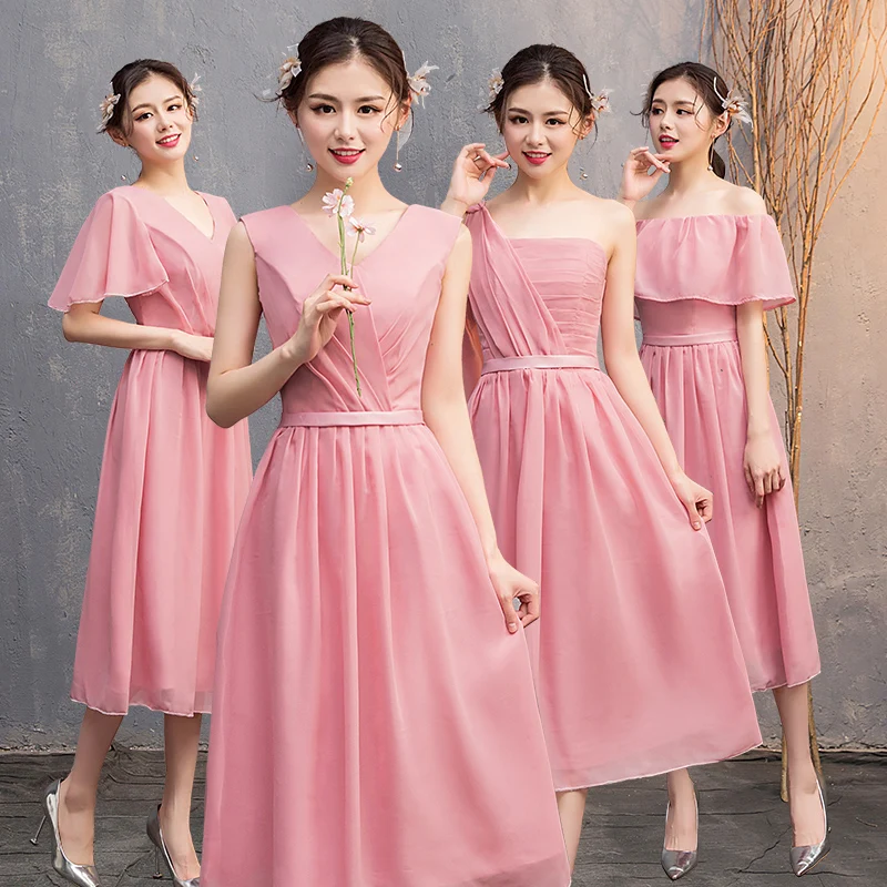 Свадебное платье для гостей длиной до середины икры Простое розовое подружки