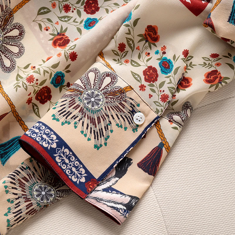 Printemps Automne 100% Soie naturelle Femmes Chemise Élégante Col rabattu À Manches Longues Pur Soie Véritable Vintage Impression Dame Chemisier Hauts