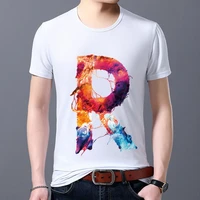 t shirt personality mens casual street self cultivation english paint 26 english r letter paint printing o neck commuter shirt