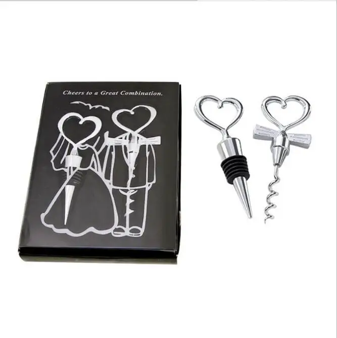 

100pcs(50sets)/lot Heart Shape combination Couple wine bottle opener corkscrew and Stopper Set Wedding Souvenirs for guest
