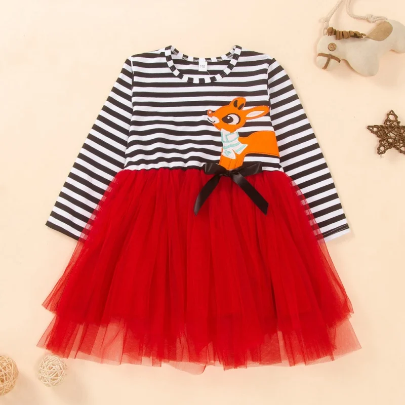

Autumn Girls Dresses Stripe Dress Animal Print Bowknot Dress Kids Party Dress Children Licorne Autumn and Winter Dresses
