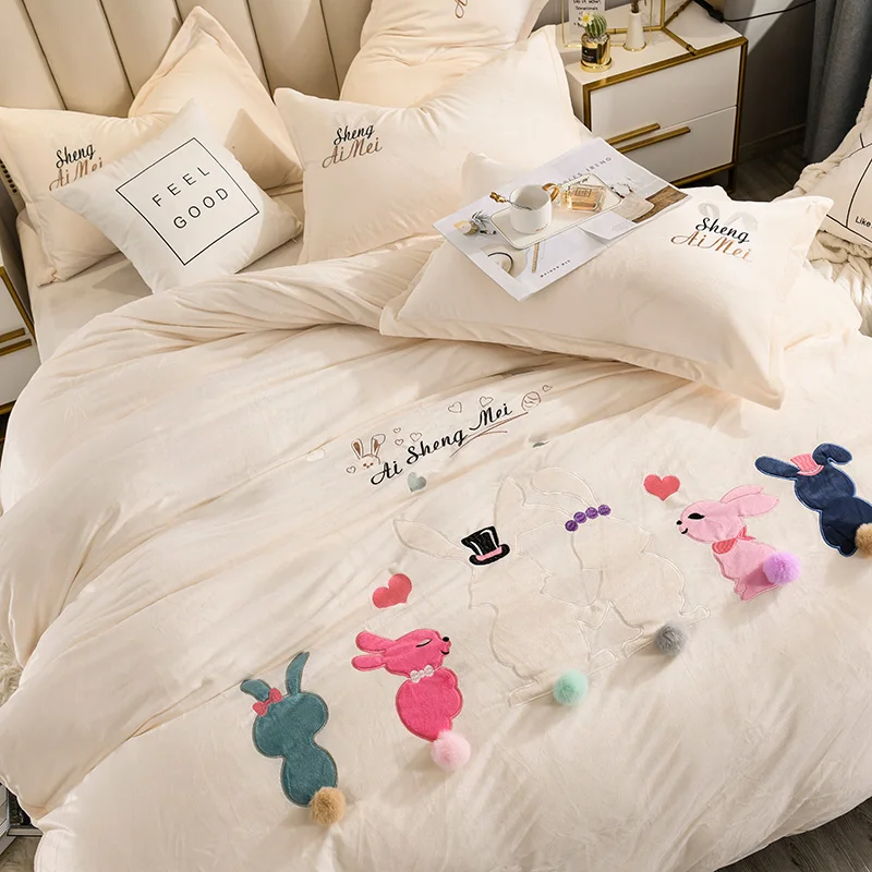 Милый мультфильм кролик вышивка белый фиолетовый розовый серый зима фланель