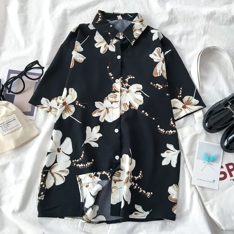 

Retro Harajuku Style Unisex Print Blouse Women Turn Down Collar Short Sleeve Single Breast Blusas Loose Wild Shirt Beach Female
