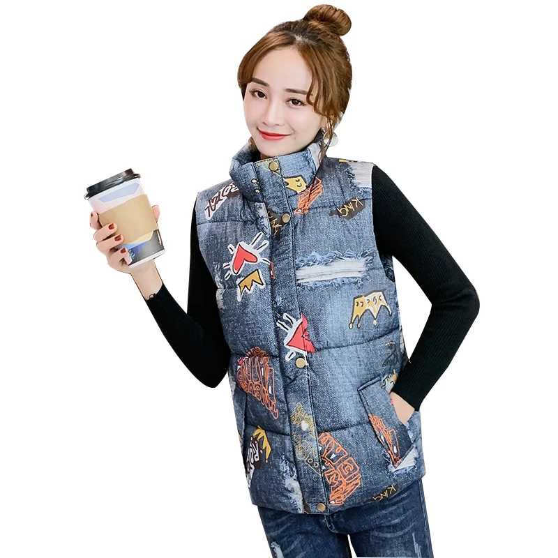 

Cotton Down Vest Women 2022 Winter Loose Waistcoat All-Match Vest Jacket Cotton Cowboy Sleeveless Female Winter Waistcoat