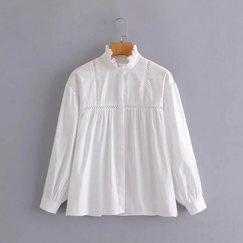 Women Hollow Lace Splicing White Shirts Female Stand Collar Long Sleeve Blouses Casual Lady Loose Tops Blusas S8281