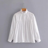 women hollow lace splicing white shirts female stand collar long sleeve blouses casual lady loose tops blusas s8281