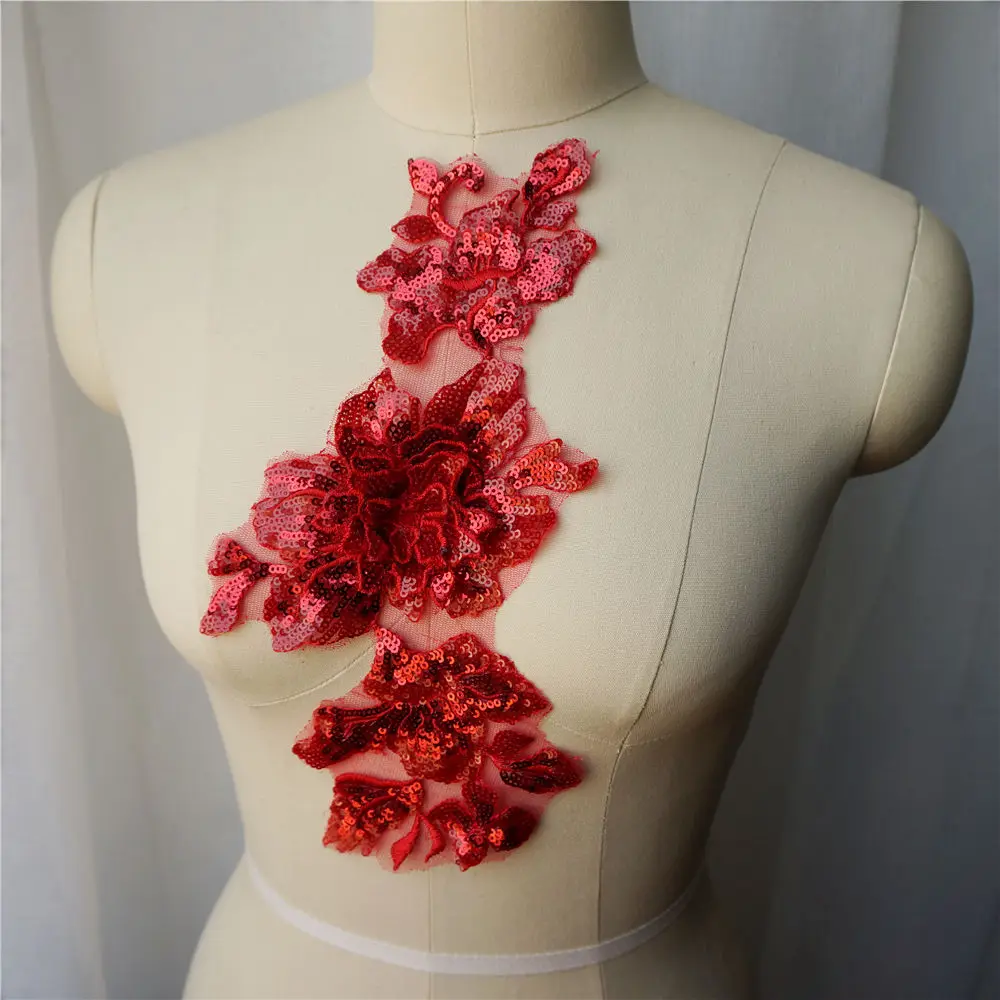 Красный цветок блесток кружева ткань воротник вышитое платье Аппликации сетки