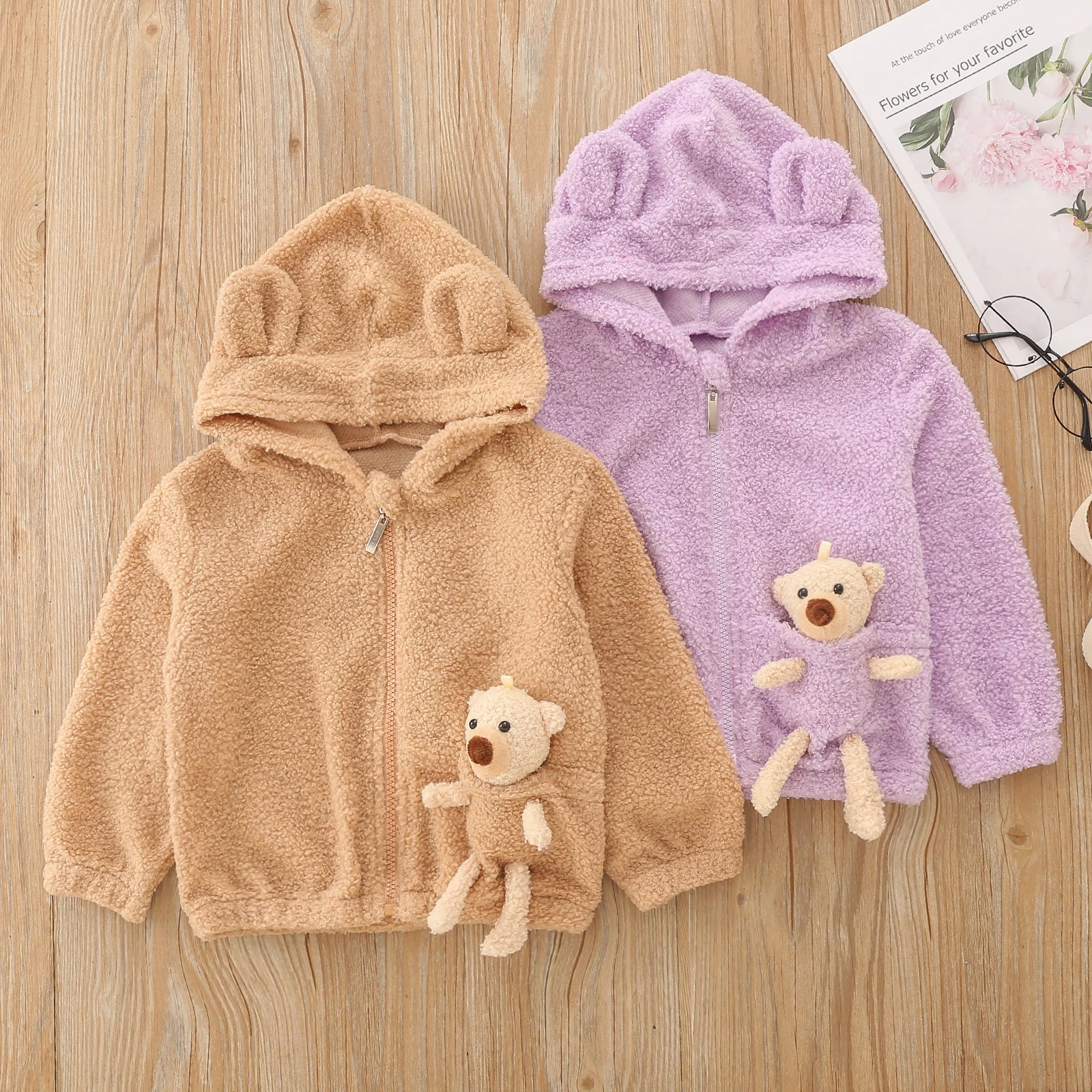 

0-6Y Toddler Boy Girls Coats Cute Pocket Bear 3D Ears Hooded Hat Zipper Long Sleeve Solid Plush Outwear Top Jacket
