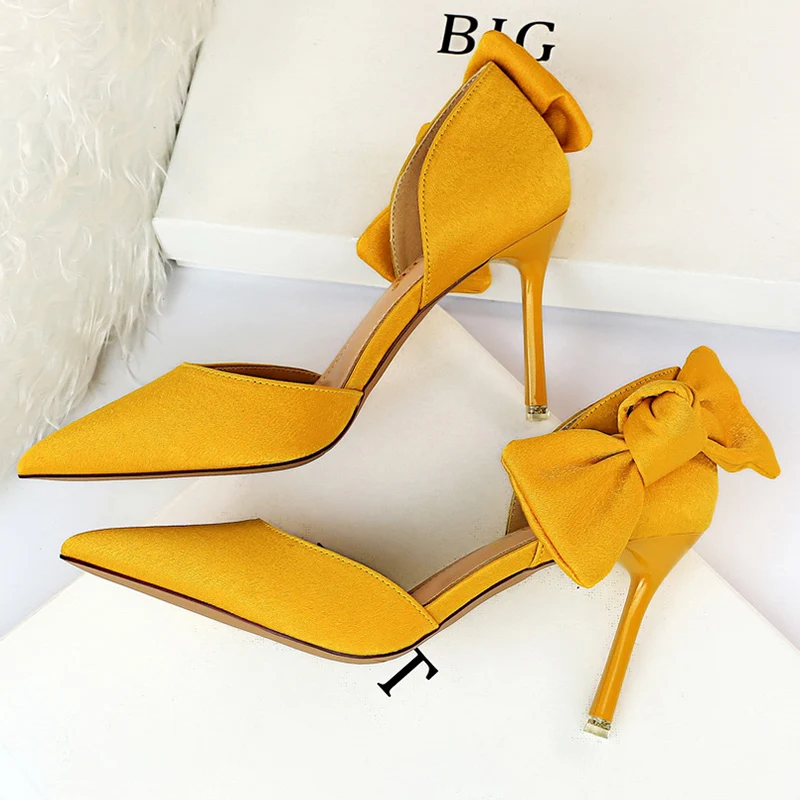 Женские босоножки на высоком каблуке 9 см желтые туфли лодочки шпильке с бантом