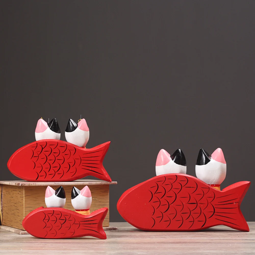 

1 Set Creative Wooden Ornament Cartoon Couple Fishing Cat Crafts Mini Bench Fish Desktop Ornaments Decoration for Home Bedroom
