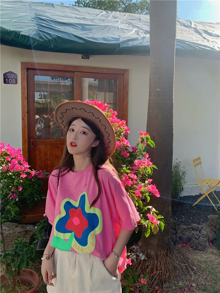 

YTX1583 2021 new summer style loose mid-length style reduced age and thinner fun cartoon flower T-shirt