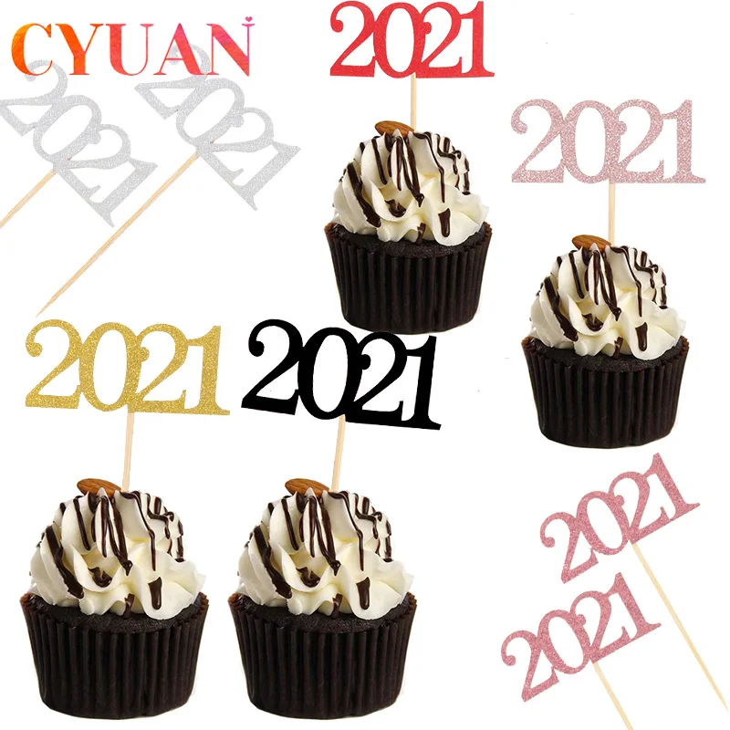 CYUAN 12 шт. золотые черные красные цифры 2021 топперы для капкейков Новогодние