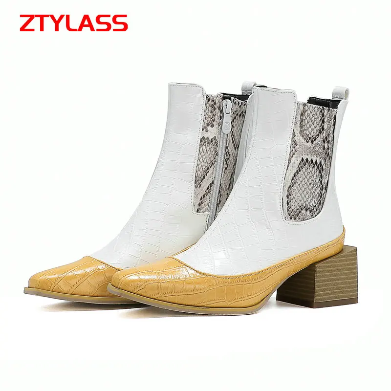

Fashion Mixed Colors Women Ankle Boots Snake Print Zipper Thick High Heel Short Boots Black White Autumn Winter Shoes Woman