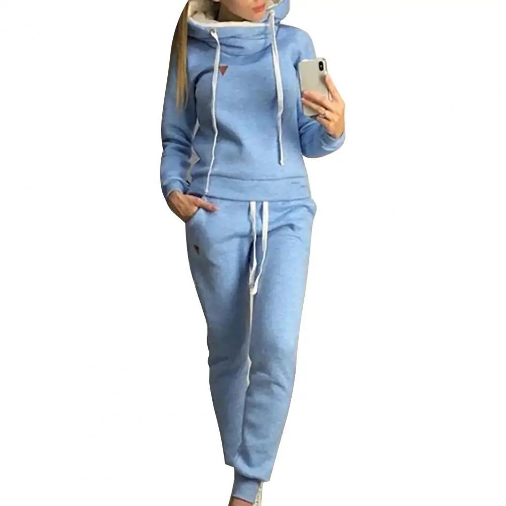 

1 Set Hoodie Pants Set Women Outfits Fitness Solid Color Thicken Warm Plush Sweatshirt Mid Waist Sweatpants Running Set