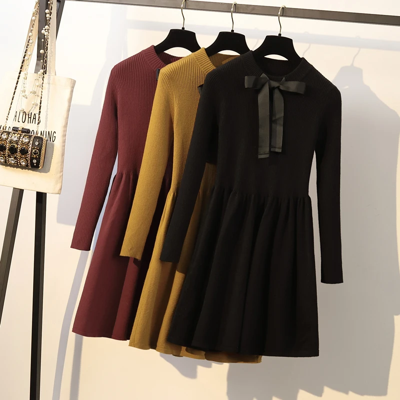 Женское осенне-зимнее платье большого размера с длинным рукавом и бантом |