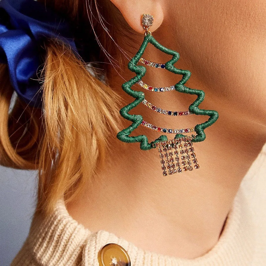 Со стразами в виде рождественской елки зеленый из полотого металла серьги