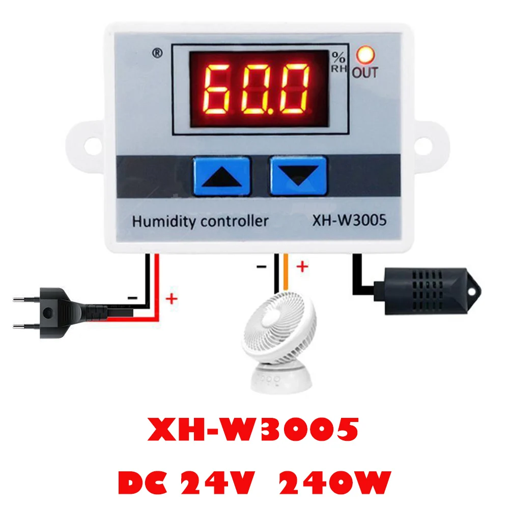 XH-W3005 цифровой регулятор влажности 220 в 12 В 24 В гигрометр переключатель контроля влажности 0~ 99% RH гигростат с датчиком влажности 1500 Вт - Color: DC 24V 240W
