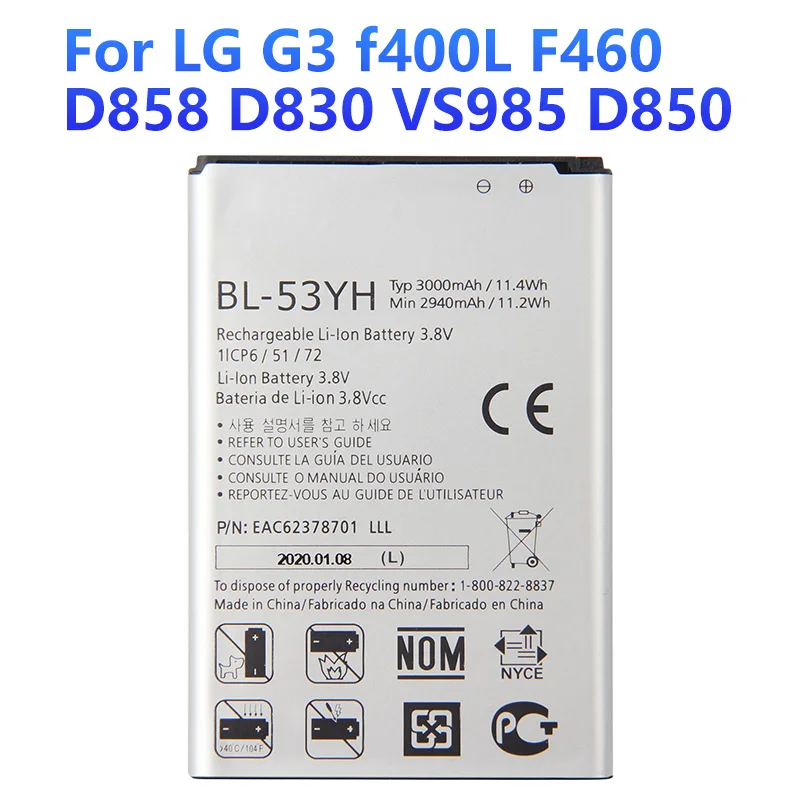 Оригинальная замена Батарея BL-53YH для LG G3 f400L F460 D858 D830 VS985 D850 Аутентичные телефон