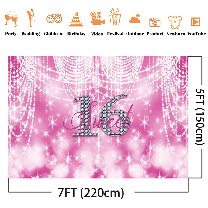 Sweet Sixteen Birthday Backdrop Pink Glitter Light Background for Photo Studio White Studio On.