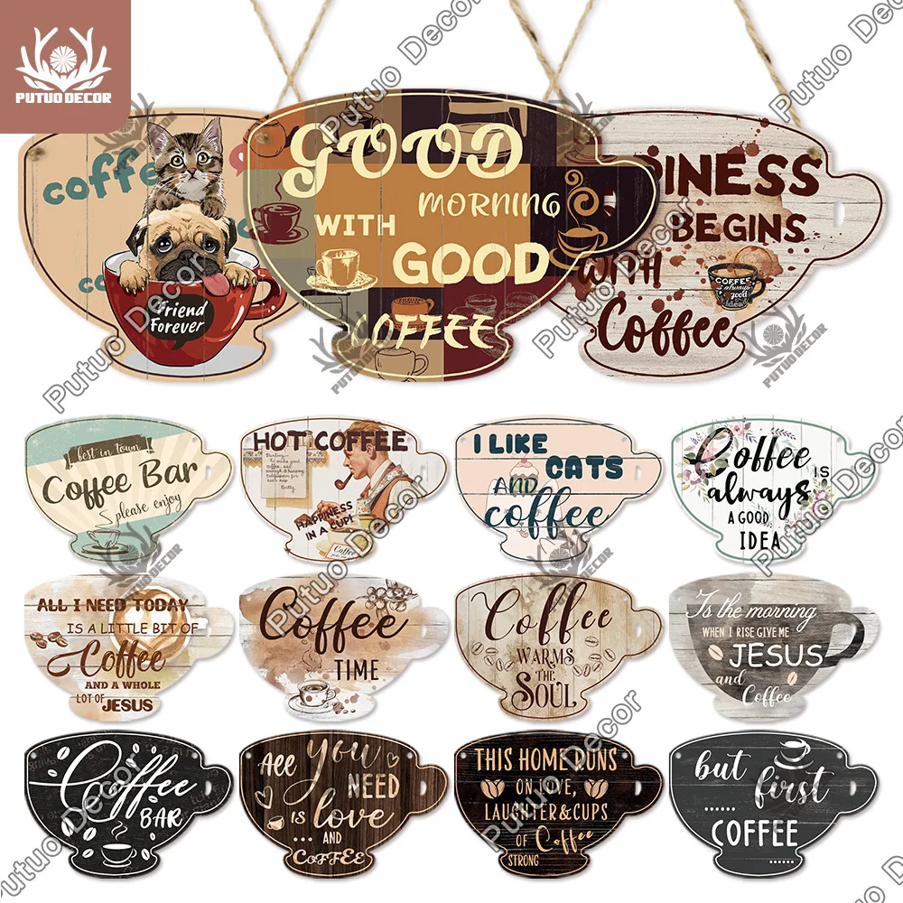 

Putuo Decor Coffee Sign Cup Shaped Plaque Rustic Wooden Hanging Sign for Cafe Kitchen Decoration Plate Coffee Mug Wall Decor