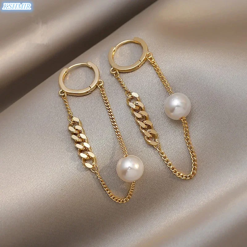 

European and American Fashionable Metal Chain Pearl Tassel Earrings For Woman Unusual Accessories Korean Girls Fashion Jewelry