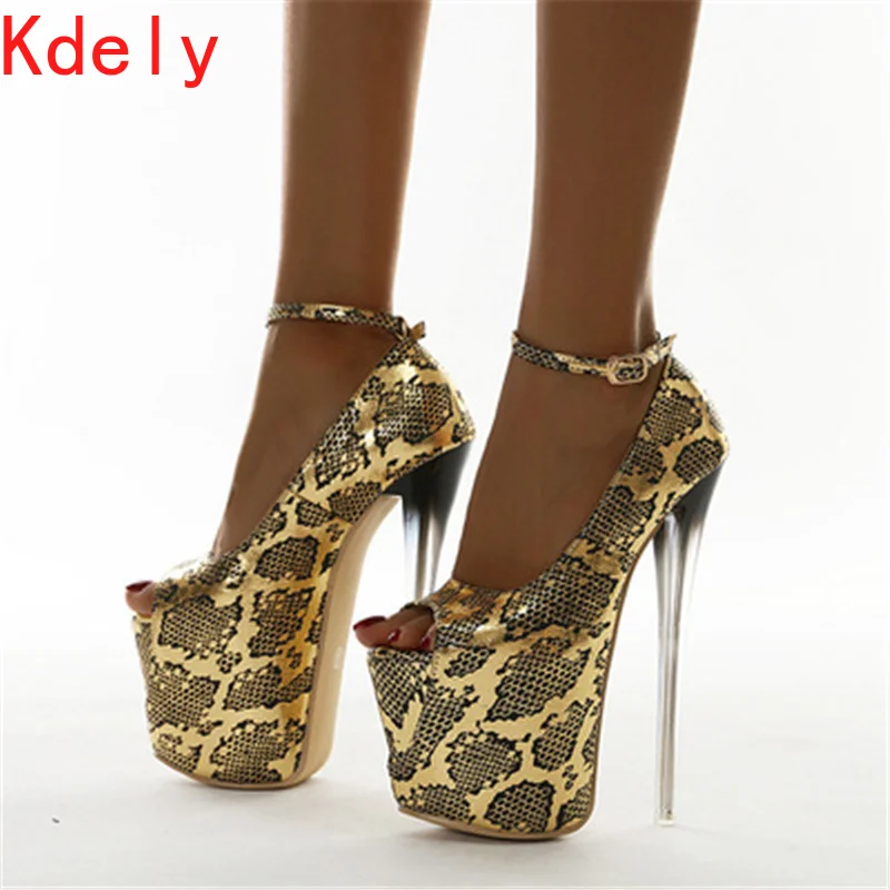 

2021 New 19cm Heels Gold Snake Pattern Ladiese Pumps Sexy Open Toe Platform Shoes Women Summer Night Party Shoes Stiletto Heels