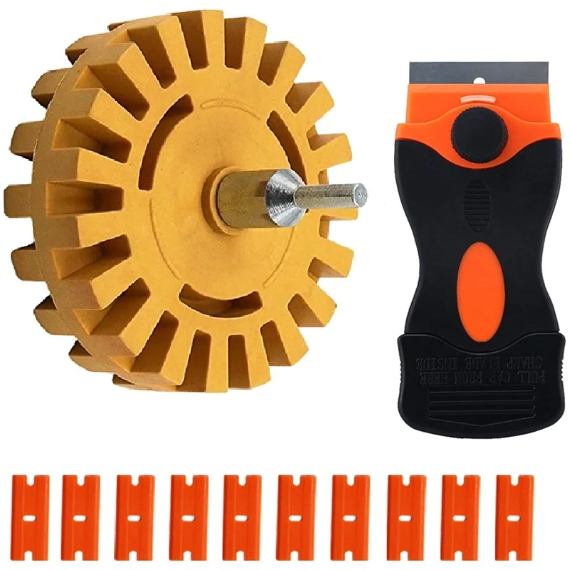 

Decal Remover Wheel, Rubber Eraser Wheel For Car Adhesive Removal With Drill Adapter, Plus Plastic Razor Scraper Set
