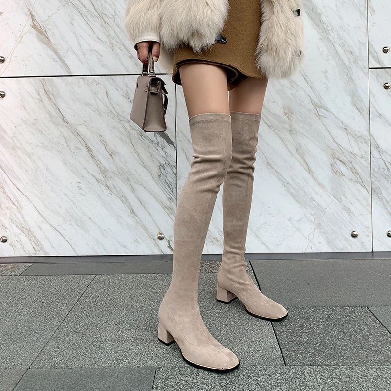 

New winter Over knee boots Genuine leather Women boots Stretch boots High heels deerskin Socks woman boots warm Women shoes