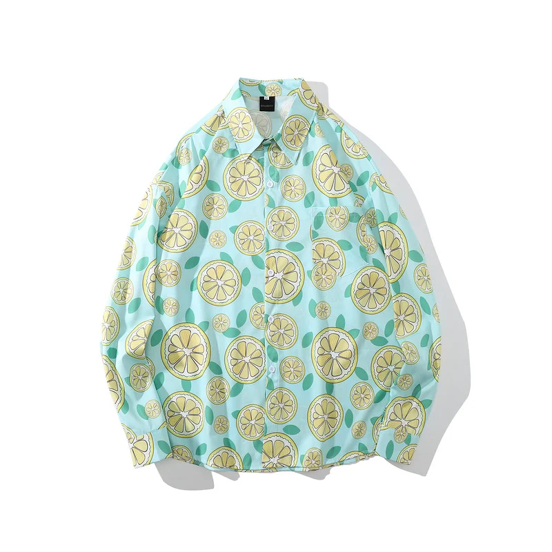 

2021 Streetwear Shirt Cartoon Lemon Leaves Print Shirts Harajuku Long Sleeve Casual Fashion Loose Hip Hop Button Blouse Tops