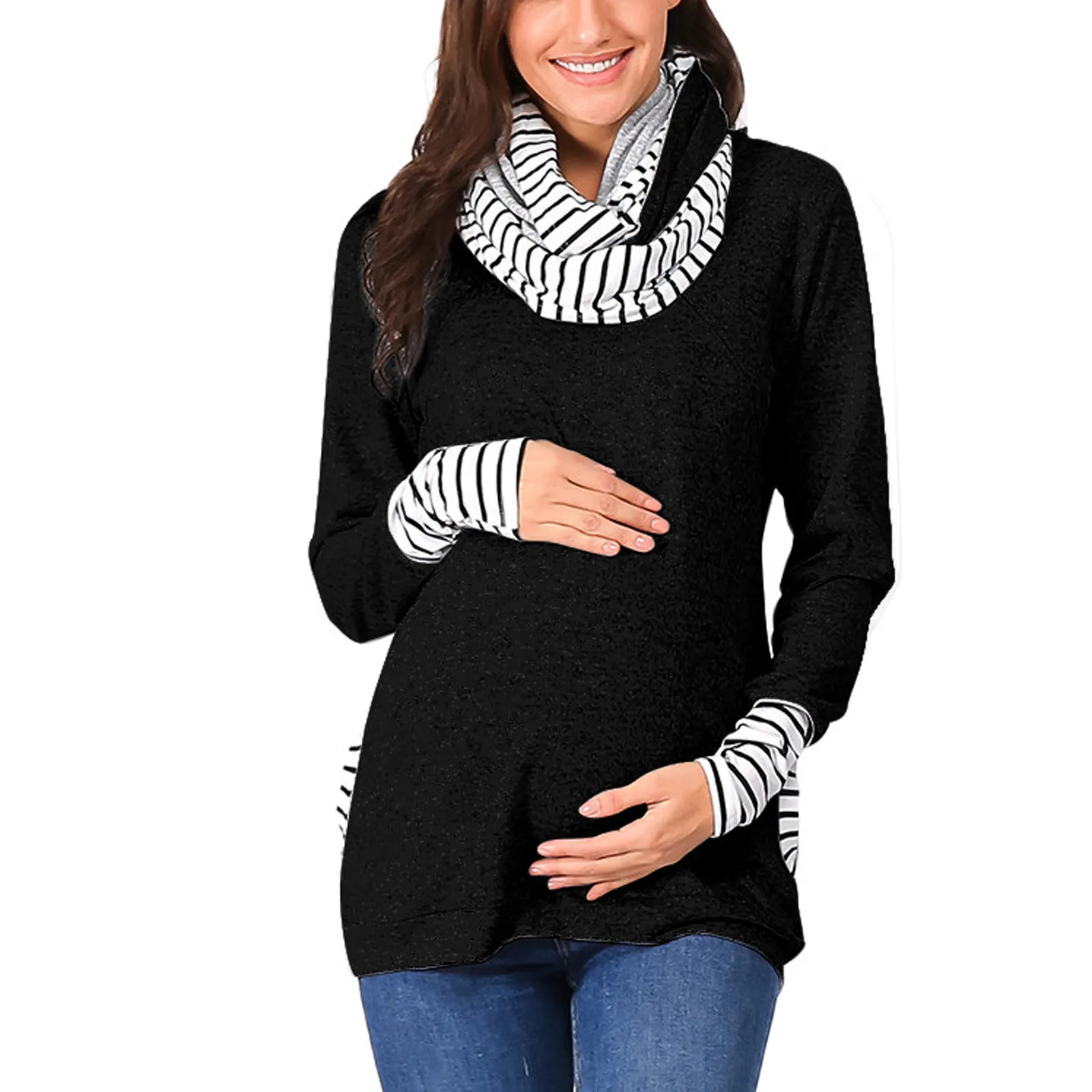 

Pregnancy Maternity Clothes Fashion Striped Splicing Sweatshirts With Detachable Scarf Breastfeeding Tops For Pregnant Women#fs