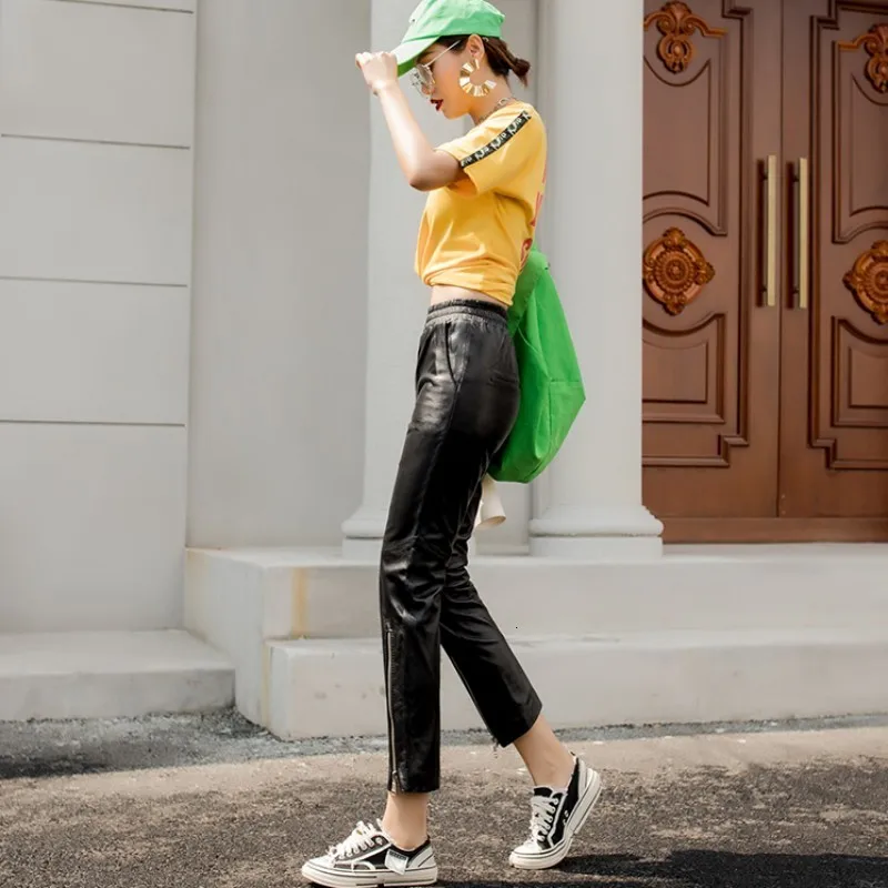 

2020 New Women Zippers Designer Sheepskin Real Leather Pants Elastic Waist Ankle Length Trousers Genuine Leather Pencil Pants