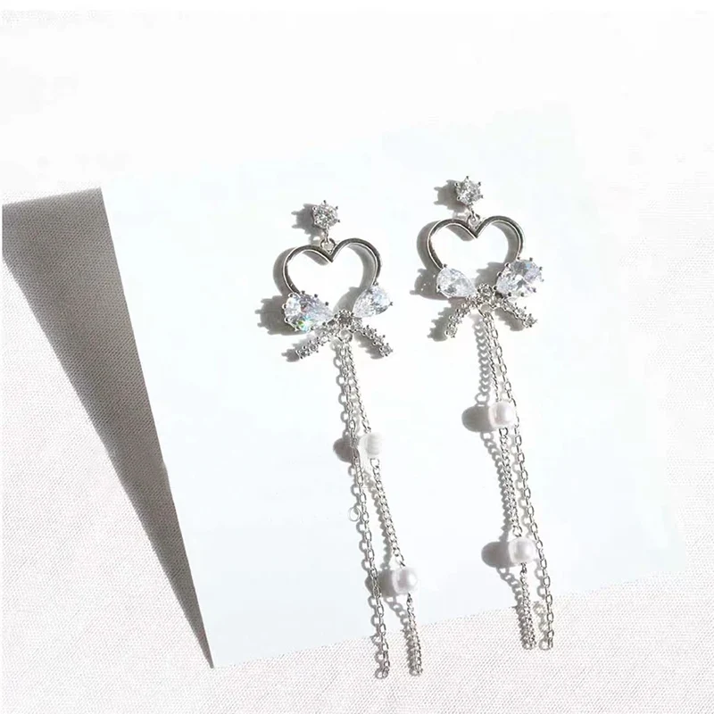 MENGJIQIAO Корейский Блестящий Кристалл полые сердце бант длинные Pendientes Mujer Moda Bijoux стразы жемчужные сережки Brincos