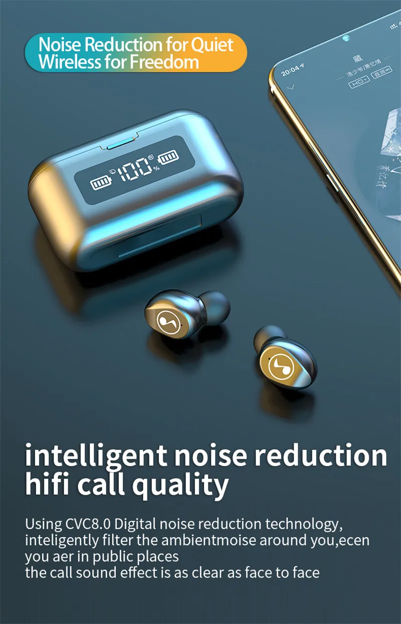 1 шт. F9 Беспроводной наушники Bluetooth V5.0 светодиодный Дисплей 2000 мАч зарядным