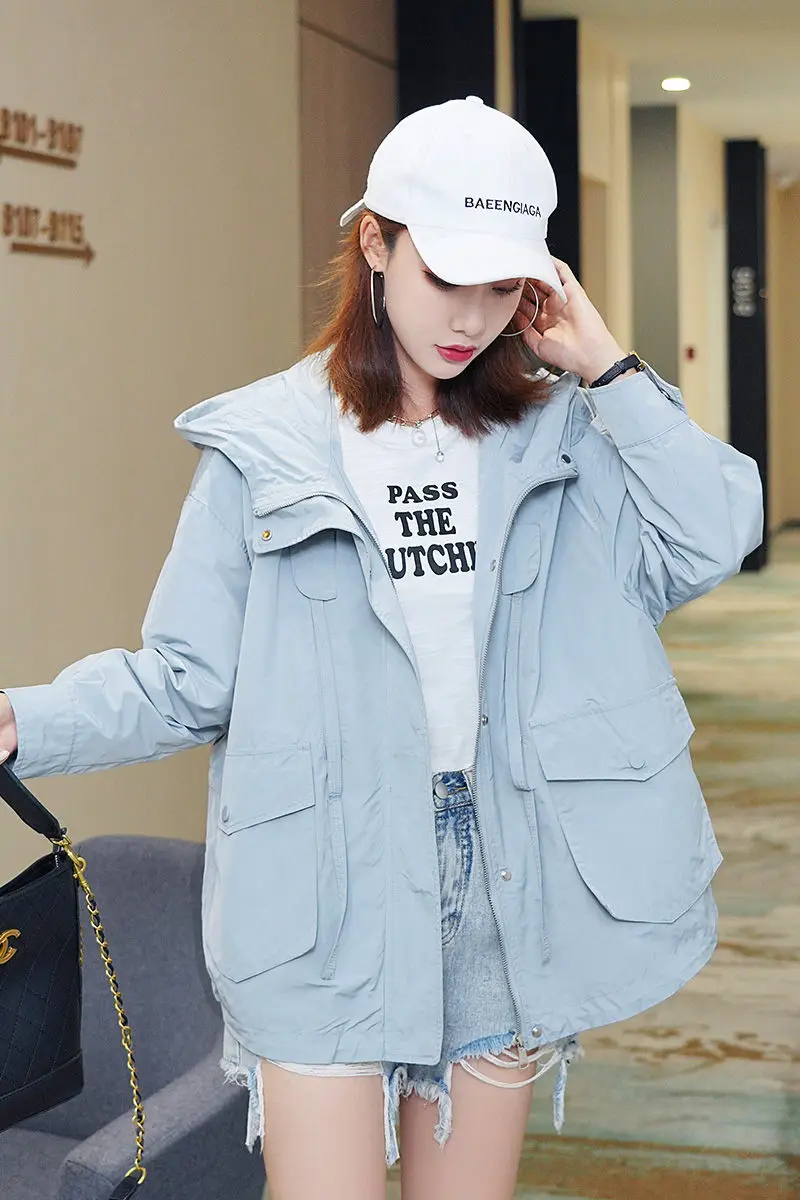 

Tooling Trench Coat Women's Mid-length 2020 New Korean Casual Loose Spring and Autumn Pus Size Student Short Coat With Hood k984