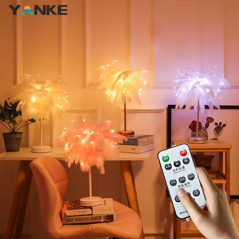 

Креативная Настольная лампа с перьями «сделай сам», ночник с дистанционным управлением, абажур с перьями дерева для девочек, светодиодный д...
