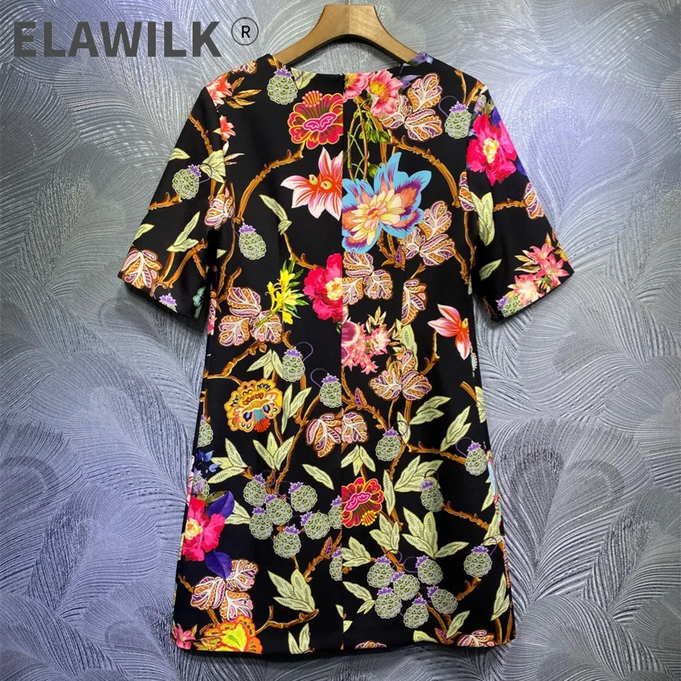

2021 Spring Runways floral print beading short sleeves dress Women high quality elegant O-neck short dress C725