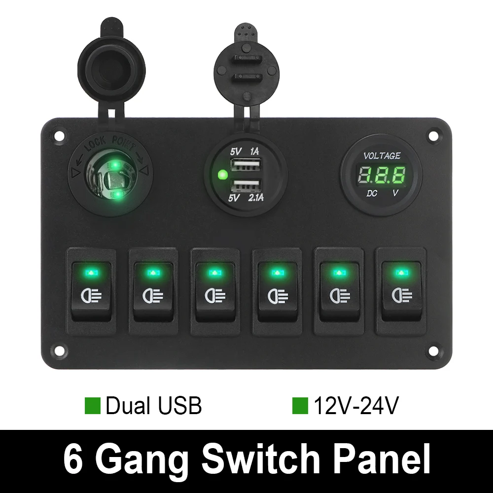 

Car Marine Circuit Breaker DC 12V/24V LED Digital Voltmeter Waterproof 6 Gang Rocker Switch Panel Dual USB Ports ON/OFF Lights