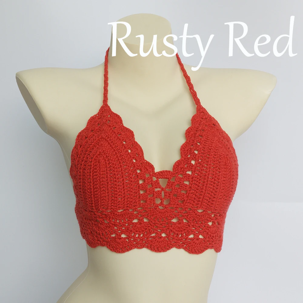 10 Colors Have Lining Womens Bikini Top Sexy Crochet Knit Separate Female Swimsuit Push Up Bra Beachwear Plus Size Bathing Suits - Цвет: rusty red top