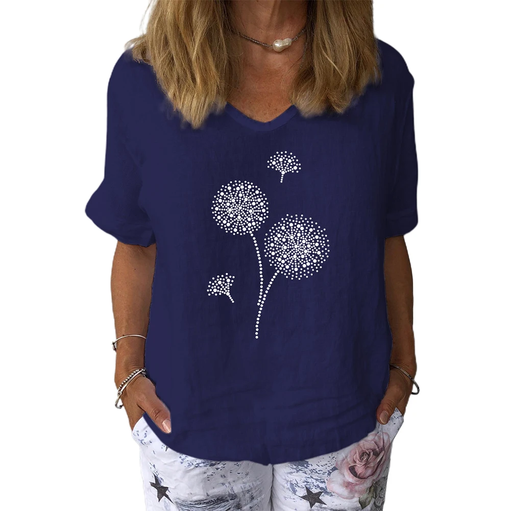 

Women Casual V Neck Short Sleeve Dandelion Print Cotton Linen Blouse Top T-shirt